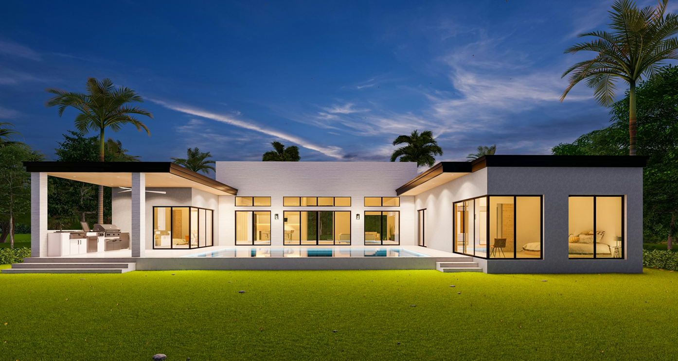 modern-home-exterior-dusk-sustainable-building-bee Modern single-storey home at dusk with a central pool, glass walls, and palm trees, illustrating sustainable building design